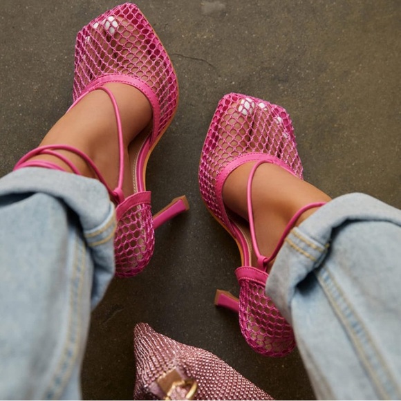 New Square Toe Mesh Stiletto Heels for Women, Sexy Wrap Around Lace Up High-Heel - Picture 2 of 5